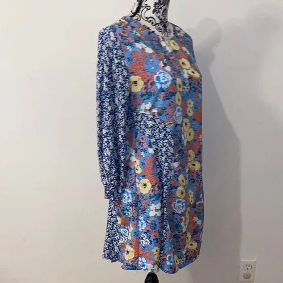 NWOT!! Umgee Patchwork Boho Blue & Yellow Floral Long Sleeve Dress Size Small - Picture 8 of 13